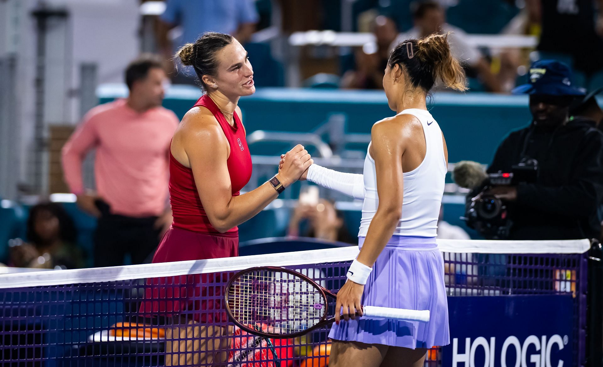 Aryna Sabalenka (left) and Zheng Qinwen (right) after the pair's quarterfinal clash at the 2025 Miami Open (Source: Getty)